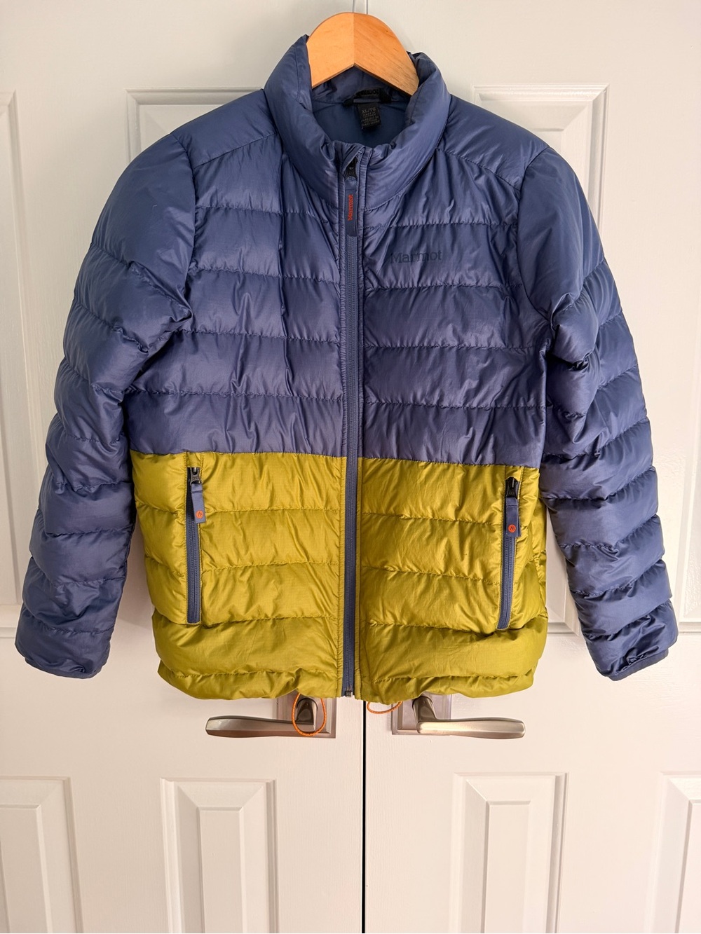 Marmot Down Two-Tone Puffer Jacket in Blue and Olive Green